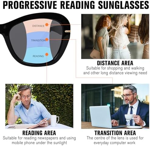 FONHCOO Progressive Multifocal Sunglasses for Women, Stylish Reader Sun Glasses Outdoor Reading Sunglasses UV400 Protection