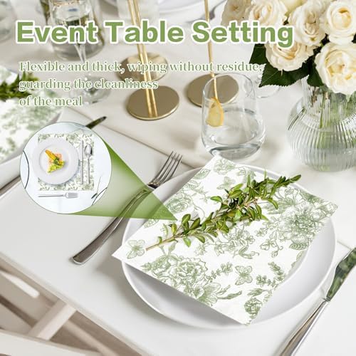 Mwellewm 100Pc Sage Green Floral Napkins Cocktail Napkins Disposable Paper Beverage Dessert Dinner Napkin Guest Fancy Decorative Hydrangea Flower for Wedding Bridal Baby Shower Birthday Party