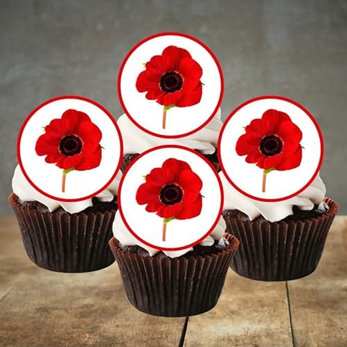 Poppy Edible Cupcake Toppers, Edible Flowers Cake Decorations, Red Poppies Cake Decorating Supplies, Valentines Day Cupcake Toppers Birthday Cookie Decoration PRECUT 24 x 4cm / 1.5 inch