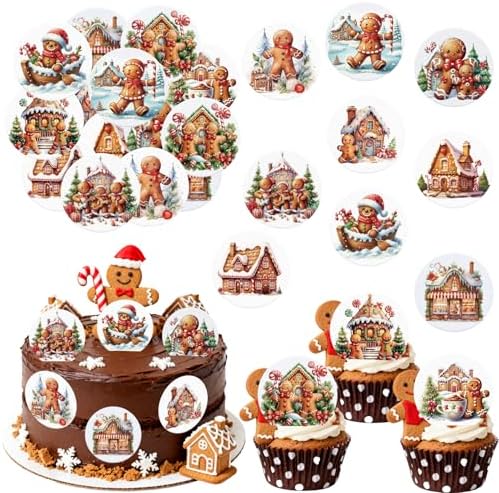 36PCS Edible Gingerbread Cupcake Toppers Wafer Paper Bread Man Christmas Tree Cupcake Toppers for Merry Christmas Theme Party Baby Shower Birthday Decor Supplies