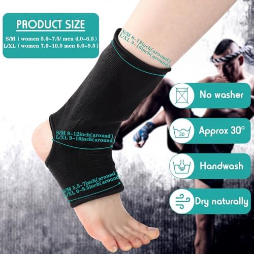 Geyoga 2 Pairs Muay Thai Ankle Support Compression Ankle Sleeve Boxing Foot Braces for Men Breathable Women Foot Wraps Support for Martial Arts Kickboxing Gym Running(Black,L)