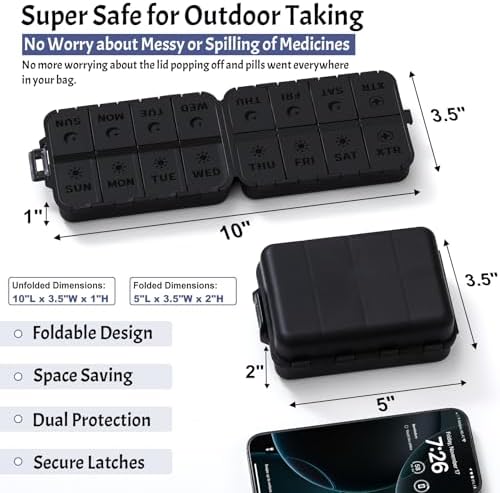 Foldable & Portable Pill Organizer 2 Times A Day with Extra Compartments - Etched Labels - Weekly 7 Day AM PM Medicine Box, Week Daily Travel Pill Case Holder Dispenser for Vitamin, Supplement - Black