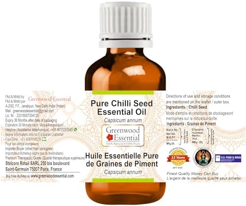 Greenwood Essential Chilli Seed Essential Oil (Capsicum annum) Pure | Non-Sticky | Non-Greasy | Lightweight | Men & Women | All Skin Types | Steam Distilled 50ml (1.69 oz)