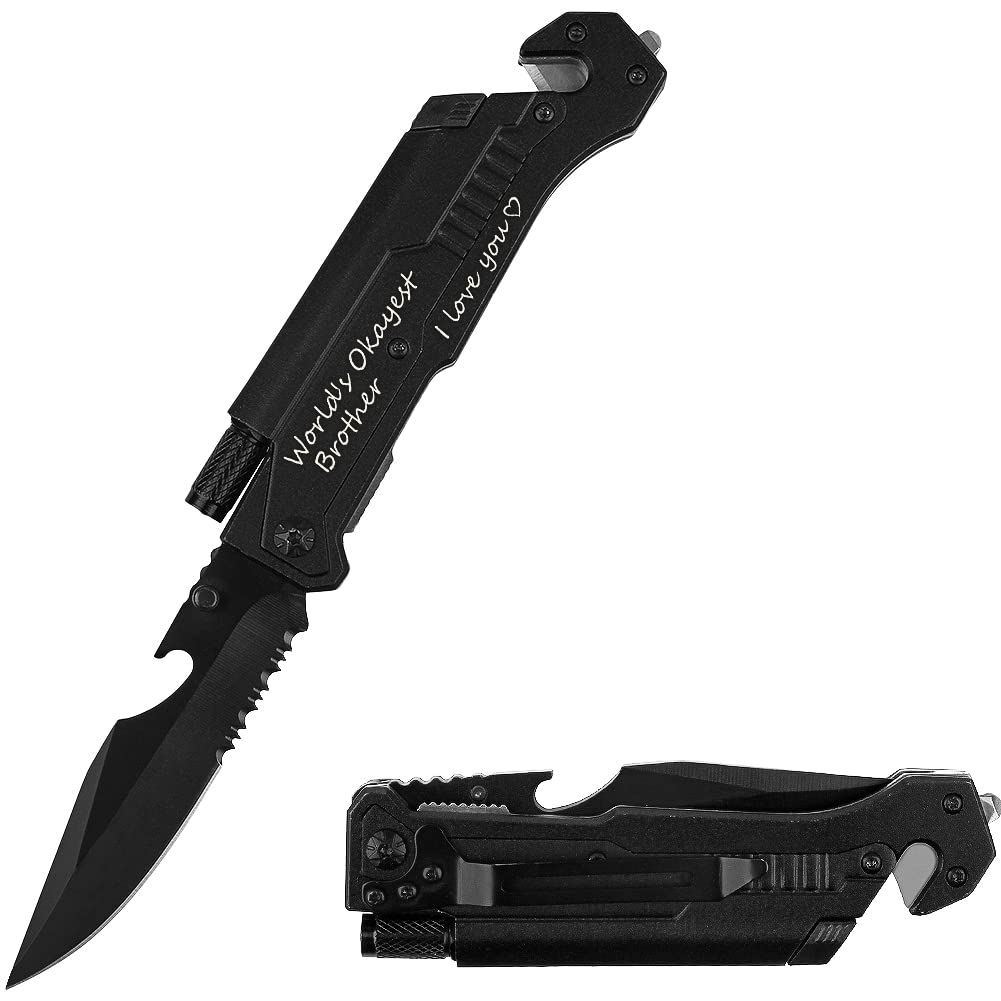 Engraved Pocket Knife For Brother, World's Okayest Brother, Pocket Knifes with 6 Functions, LED Light, Fire Starter, Bottle Opener, Seat Belt Cutter, Glass Breaker, Gifts for Birthday Christmas