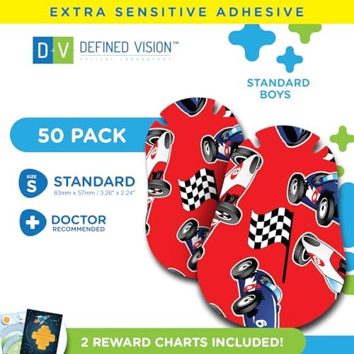 Opthopatch Eye Patches for Kids – 50 Hypoallergenic Standard Adhesive Patches for Lazy Eye & Amblyopia Treatment | Single Design Pack + 2 Reward Charts (Racecar)