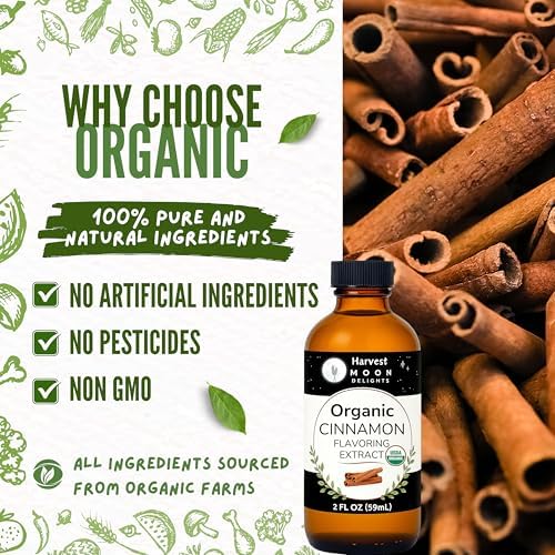 Organic Cinnamon Extract for Baking, Ice Cream, Drinks, and Candy - 2 oz - Water-Soluble - By Harvest Moon Delights - Pure Cinnamon Extract, Cinnamon Flavoring, Cinnamon Flavor