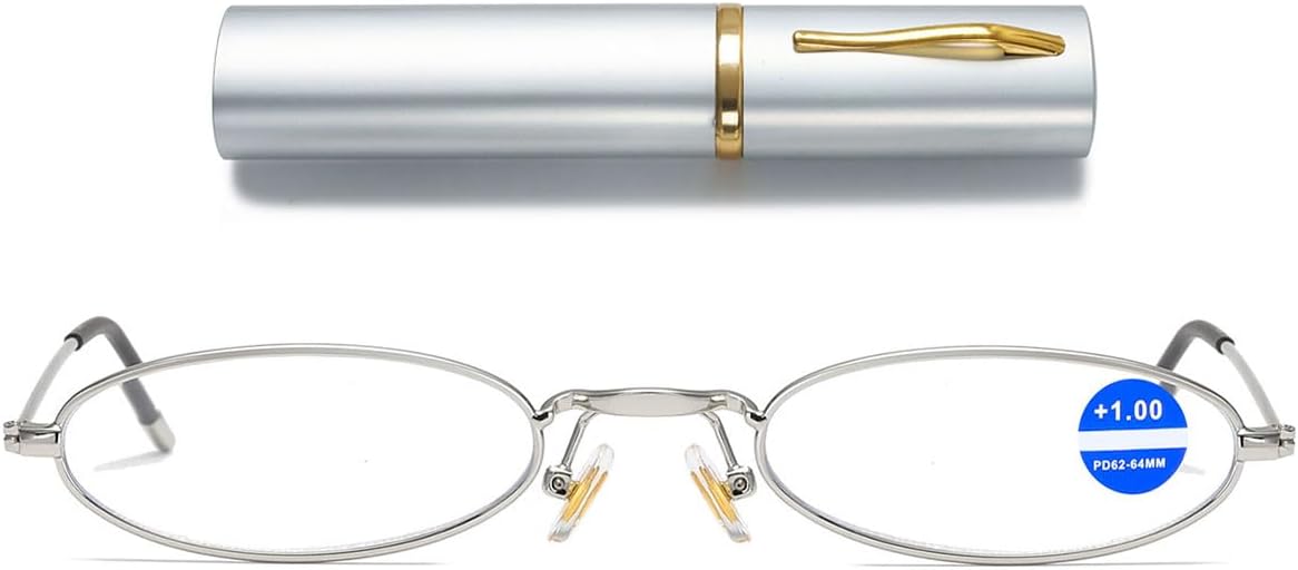 Easy Carry Mini Slim Reading Glasses Blue Light Blocking Oval Metal Portable Readers w/Pen Clip Tube Case