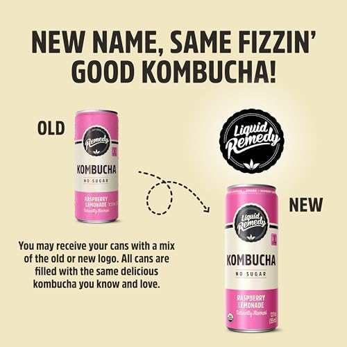 Liquid Remedy Kombucha Sugar Free Organic Drink, Low Calorie, Probiotic Like Tea for Gut Health - Raspberry Lemonade - 12 Fl Oz Can, 4-Pack