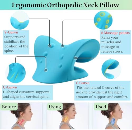 Neck Hump Corrector, Neck Stretcher Cervical Traction for Muscle Relax, Cervical Traction Device for TMJ Pain Relief, Spine Corrector, Shoulder Relief Device (Blue)