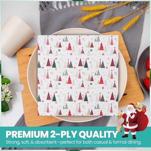Christmas Party Paper Napkins Xmas Serviette Napkin 2 Ply Disposable Paper Napkins 33cm x 33cm Holiday Cocktail Napkins for New Year Dinner Party Supplies Decoration - Xmas Tree Printed White, 100pcs