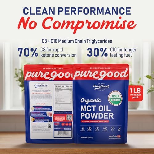 PureGood Organic MCT Oil Powder with Prebiotic Fiber, 1 Pound (16 oz) | C8 & C10 from Coconuts | MCT Oil Coffee Creamer, Unflavored | Non-GMO, Vegan, Kosher, Gluten Free