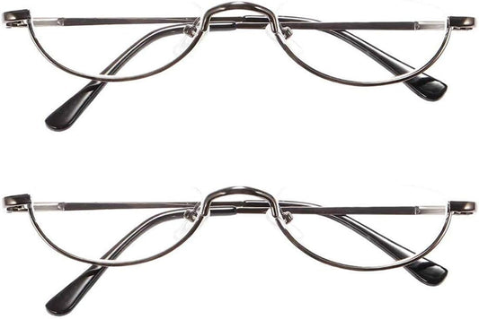 REAVEE 2 Pack Retro Designer Half Moon Reading Glasses for Women Men Spring Hinge Half Frame Readers Stylish Slim Eyeglasses with Pouch, Gun Grey 2.0
