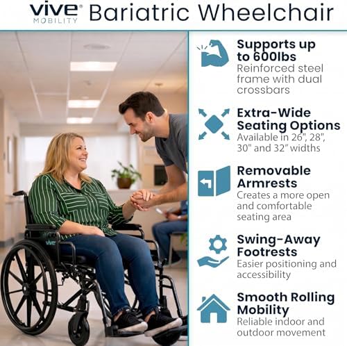 Vive Extra-Wide Bariatric Wheelchair for Adults (600 LB Capacity) Foldable, Heavy Duty, Manual & Transport Wheel Chair - Portable Senior Drive Travel Scooter for Elderly Transfers (28" Seat)