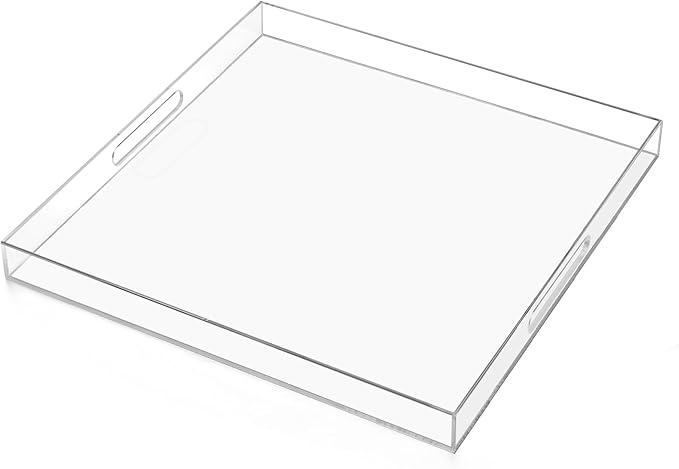 17Ã17 inches Oversized Clear Acrylic Ottoman Tray Extra Large Decorative Tray Spill-Proof Serving Trays with Handles King-Size Safe Edge Organizer for Coffee Table Countertop Breakfast