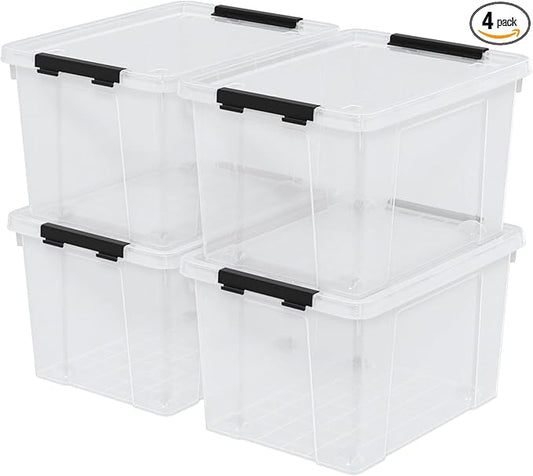 40 Quart Clear Plastic Storage Box with Lid and Wheels, Large Storage Bin, 4 Packs