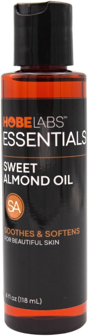 Hobe Labs Sweet Almond Oil, 4 oz - Skin Soothing Properties, Effective Emollient, Improves Skin Health, Fights Puffiness and Dark Circles, Non-Greasy Formula