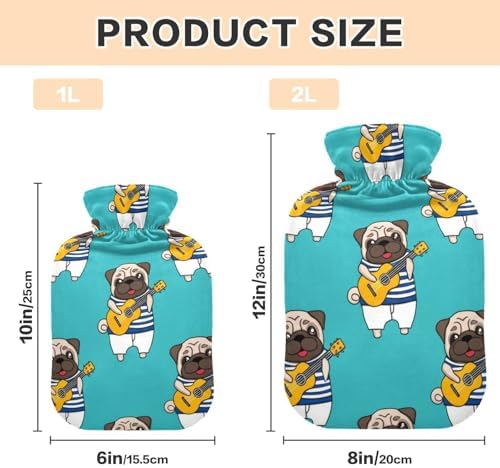 Pug Playing Guitar Hot Water Bottles with Soft Velvet Cover Hot Water Bag for Neck and Shoulder Pain Relief Small