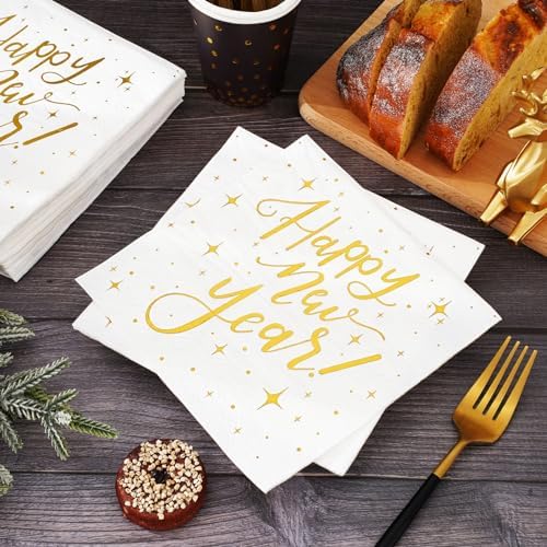 Whaline 80Pcs Happy New Year Paper Napkins White Gold Foil Disposable Dinner Napkins for New Year Christmas Party Supplies