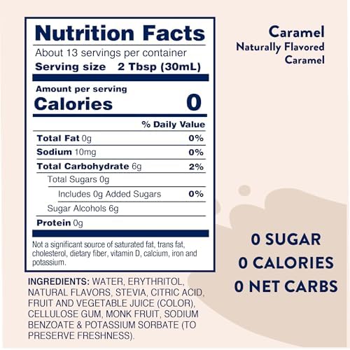 Jordan's Skinny Mixes Sugar Free Coffee Syrup, Caramel Coffee Flavoring Syrup, Naturally Sweetened Zero Calorie Drink Mix, Lattes, Baking, Protein Shake or Cocktail, Dairy & Gluten Free, 12.7 Fl Oz