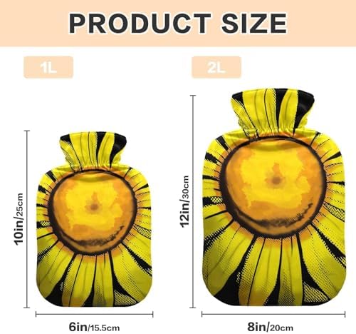 Hot Water Bottle with Soft Cover Bed Hand Feet Warmer Winter Gift Yellow Sunflowers Black Hot Water Bag for Neck and Shoulder Pain Relief Medium