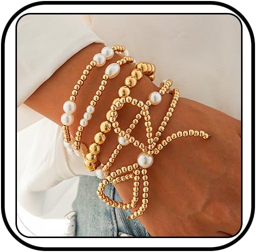 MIFYNN Gold Bow Bracelet for Women Gold Beaded Bracelets Stretch Bead Ball Bracelets Pearl Stackable Bracelets Adjustable Gold Jewelry for Women