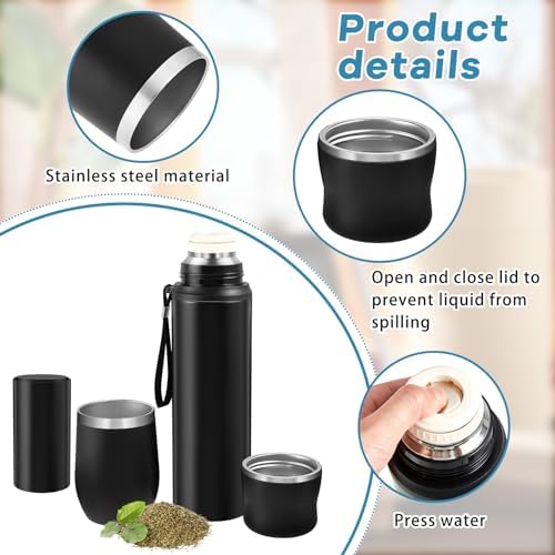 Suclain 3 Pcs Complete Yerba Mate Kit 12 oz Yerba Mate Gourd and Bombilla Set, 34 oz Stainless Steel Thermal Water Bottle with Tea Can, Straw Brush(Black)
