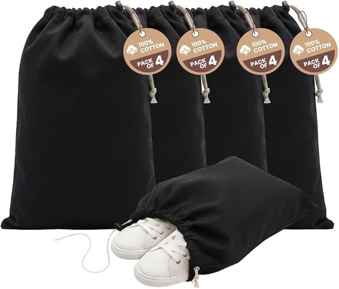 LFH Cotton Shoe Storage Bags with Drawstring, Dustproof Breathable Reusable Organizer, Perfect For Travel, Dorm, Hotel, College, Gym, Easy to Carry, Machine Washable 8"x17" (Pack of 4) - Black sand