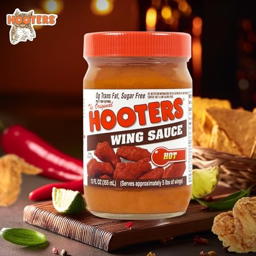 The Original Hooters Hot Wing Sauce - Ideal for Chicken Wings Dipping, Grilling, Seafood, Ribs, Shrimp, Spicy Hot Sauce, Balanced Restaurant Flavor with Aged Cayenne Peppers - 12 fl oz