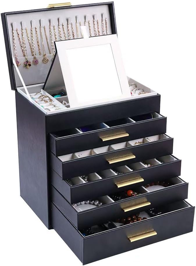 BOOVO Jewelry Box with Necklace Hanger â Jewelry Organizer for Women with 5 Drawers, Large Jewelry Storage Boxes âJewelry Organizers and Storage for Earrings, Necklaces (Black, 6 layer)