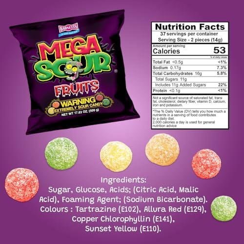 Barnetts Mega Sour Candy Fruits Mix Fizz Assorted 500g – Handmade British Hard Sweets – Extreme Sour Candy Challenge