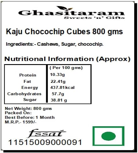 Ghasitaram Gifts Indian Sweets - Sweets Kaju Chocochip Cubes 800 gms