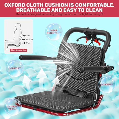 Ultra-Lightweight Folding Wheelchair, 8.2KG Carbon Steel Transport Chair with Ergonomic Handbrake, PU Wheels & Safety Strap for Seniors, Travel, Indoor Outdoor Use (Red)