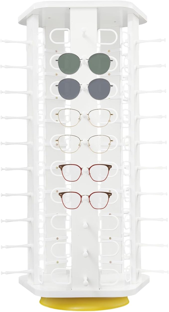 50 Pairs Glasses Rack, 360Â° Rotating Sunglasses Display Rack, 5-Sided Eyeglasses Storage Organizer, Eyewear Holder, Commercial Sunglasses Display Stand, White