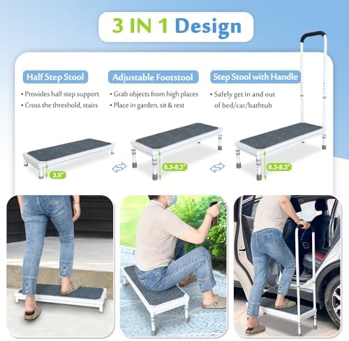 Step Stool with Handle for Elderly Adults Medical Bedside Steps for High Beds Seniors Safety Stepping Stool with Handrail Heavy Duty 400lbs Adjustable Handicap Bed Stairs Wide Platform-31