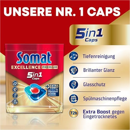 SOMAT Excellence Premium 5-in-1 Caps (75), Quick Dissolving Dishwasher Tablets with Extra Boost, Also in Low Temperature, Short and Eco Program, Remove Even 72 Hours Dried Food Scraps