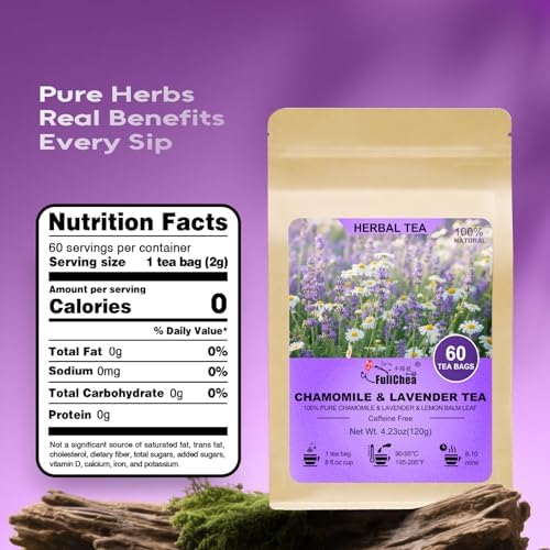 FullChea - Chamomile Lavender Tea Bags for Relaxation & Better Sleep - 60 Count - Caffeine-Free Blend Herbal Tea - Premium Chamomile & Lavender Flowers