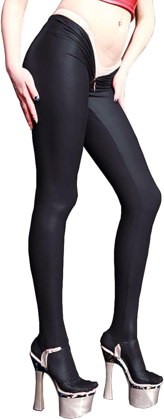 Women's Sexy Oil Shiny Synthetic Latex Slim Fit Leggings Stretchy Tight Pencil Pants Full Zipper Crotch Trousers