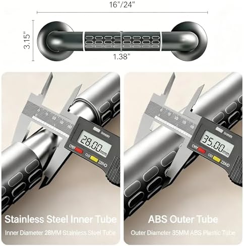 Shower Grab Bar 16" / 24" Stainless Steel Anti-Slip Glow-in-the-Dark Handrail, Heavy Duty Safety Support for Bathroom, Toilet & Seniors, Matte Gun Gray (24")