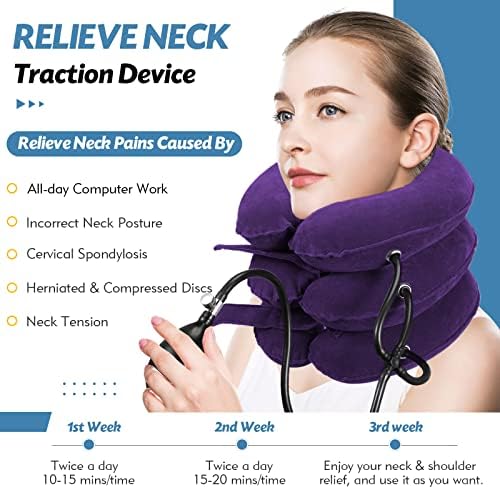 Jaximy Neck Stretcher for Neck Pain Relief, Cervical Traction Device, Neck Traction Device, Adjustable Inflatable Neck Brace & Cervical Neck Traction Device Home Use Decompression (Purple)