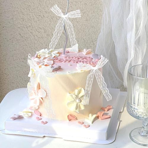 20 Pack White Lace Bow Cake Toppers White Lace Bows Cake Picks for Baby Shower Boys Birthday Cake Decorations Mother's Day Bridal Shower Engagement Wedding Anniversary Party Supplies