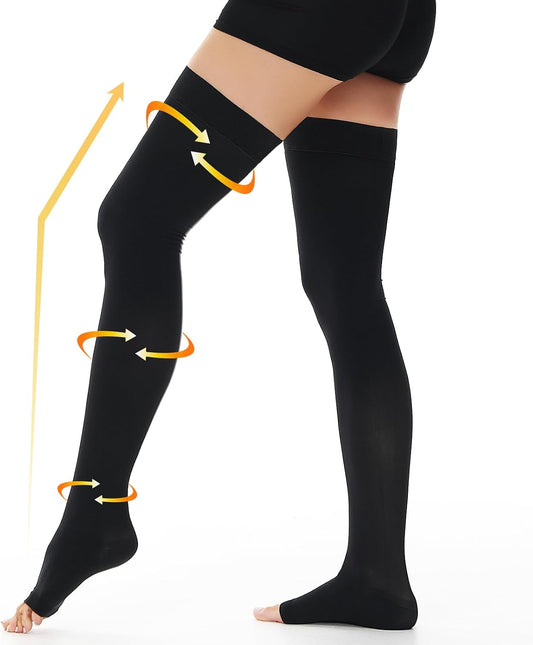 beister 15-20 mmHg Open Toe Medical Compression Stockings for Women Men, Thigh High Graduated Compression Socks with Dot Silicone Band, Support Circulation Pressure Stockings for Varicose Veins, Edema