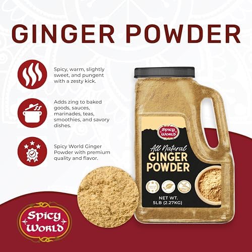 Spicy World Ginger Powder 5 LB Jar – Gluten Free, Bulk Ground Dried Ginger Root, Pure Zingiber Officinale, Warm & Spicy Flavor for Cooking, Baking, and even Teas