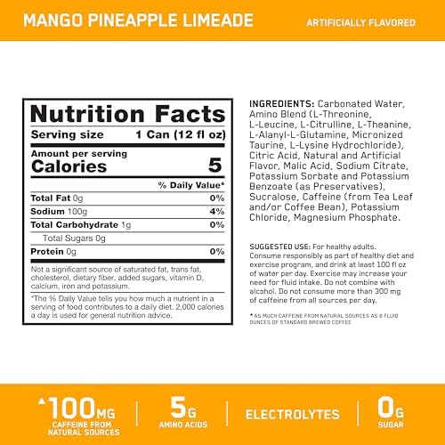 Optimum Nutrition Amino Energy Sparkling Hydration Drink, Electrolytes, Caffeine, Amino Acids, BCAAs, Sugar Free, Mango Pineapple Limeade, 12 Fl Oz, 12 Pack (Packaging May Vary)