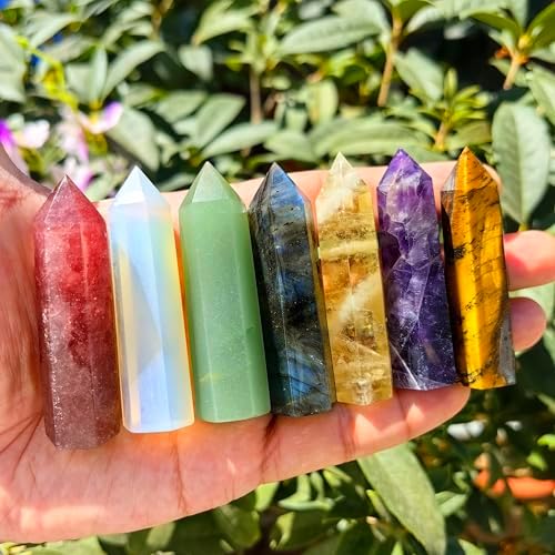 1.6"-2" Natural Crystal Tower Point Wand Obelisk 6 Faceted Crystals Point Chakra Stone Kit Home Decor Reiki Healing Gift (Rose Quartz)