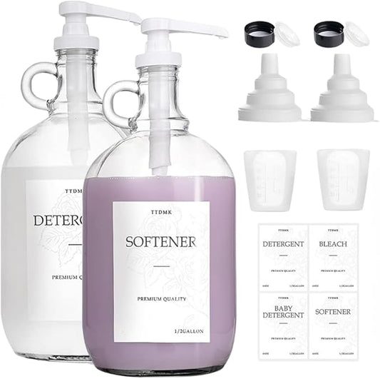 2 Pcs Glass Liquid Laundry Detergent Dispenser - One Gallon Fabric Softener Liquid Dispenser for Laundry Room (128 oz Each), Laundry Soap Dispenser - Includes Labels, Funnel, and Measuring Cups