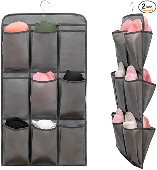 2 Pcs Closet Organizer Dual Sided Hanging Shoe Storage Bag Underwear Socks Holder with 18 Pockets (FABRIC POCKETS)