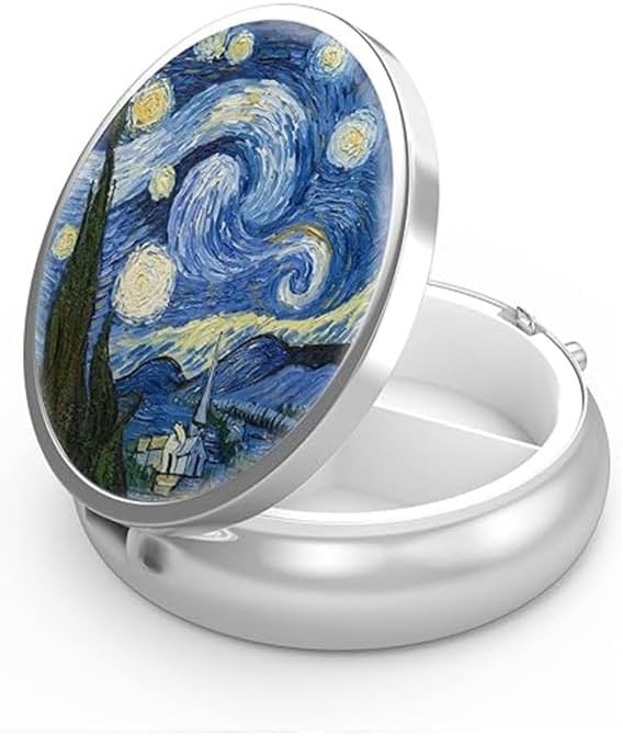 3 Compartment Metal Pill Box, Round Tiny Pill Case with Mirror, Portable Pill Organizer for Purse, Art Print, Multi-use Jewelry Container (Starry Night)