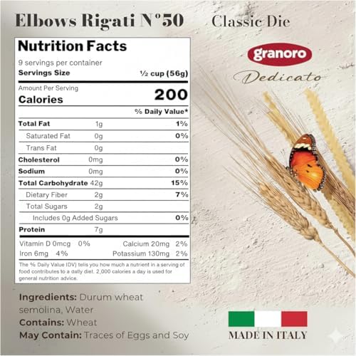 Granoro Dedicato Elbows Rigati #50 - Authentic Italian Pasta, Made from 100% Puglia Durum Wheat Semolina, Non-GMO, Vegan, 1 lb Bags (Pack of 2)