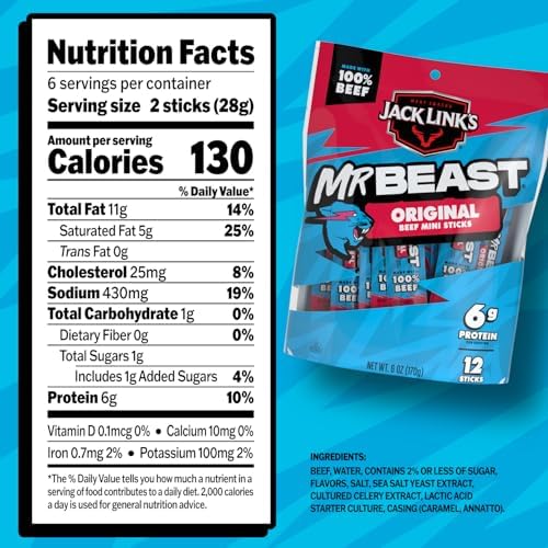 Jack Link's x MrBeast Original Mini Beef Jerky Sticks - Individually Wrapped Protein Snacks - 6g Protein per Serving - Made with 100% Real Beef - (12 Pack) 0.5 oz Meat Sticks
