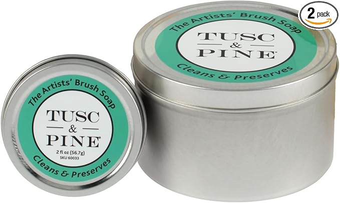 Tusc & Pine The Artists' Brush Soap - 2oz and 12 oz Set - Plant-Based Brush Cleaner, Oil, Acrylic, Watercolor Paint - Nourishes Bristles; Made in North Carolina; Alkali Soap, Gentle Pine Fragrance